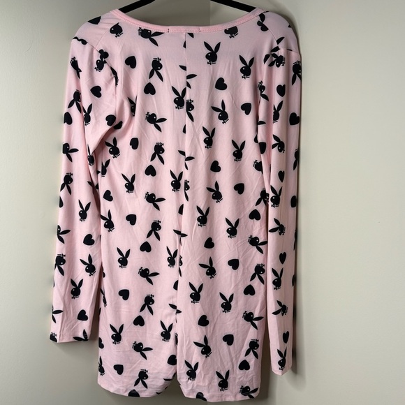 PLAYBOY Pajamas Light Pink Onesie with Black Bunny Print | Loungewear Button Up - Picture 4 of 9